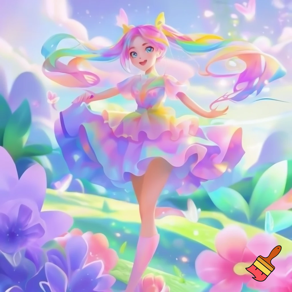 An anime magical girl with rainbow pastel hair and dress on a pastel fantasy field
