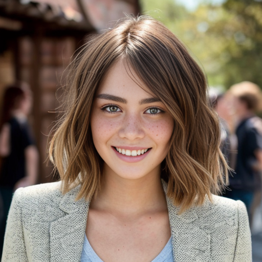 A young, light-skinned woman is positioned in the center of the frame, smiling broadly with her head tilted slightly. She appears to be in her early twenties. Her short, choppy hair is dark ginger color. She's wearing a light olive blazer over a white t-shirt. The woman has a slender build.
er skin is heavily speckled with numerous, small freckles, a prominent feature that covers her face, including the forehead, cheeks, nose, and chin.   The environment has a casual, bright feel. The perspective is at eye-level. The composition is well-balanced, emphasizing the subject's cheerful expression. The lighting is soft, highlighting the colors of her clothing and hair. The style is contemporary and youthful.