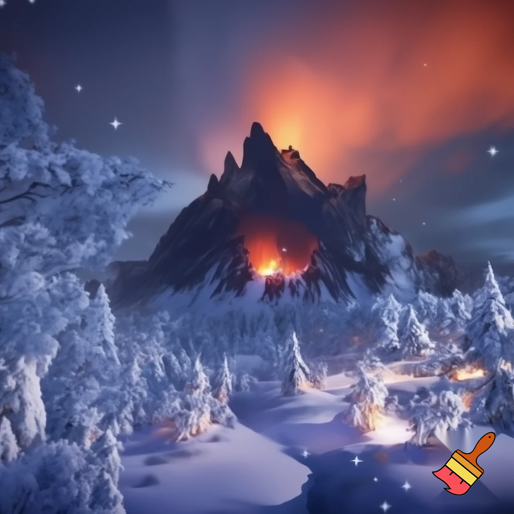 Drawing of a volcanic island mixed with an enchanted snow forest