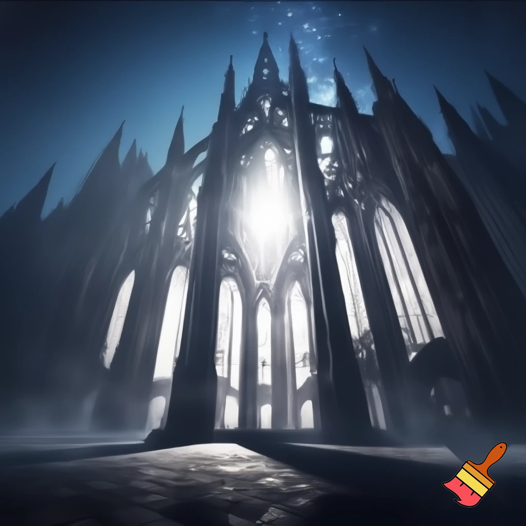 Create a cathedral that is gothic and glowing with white light