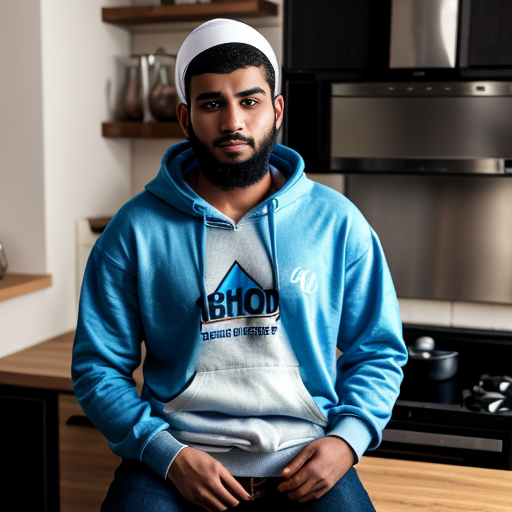 Pixar-style 3D cartoon, bright friendly colors, kitchen scene. Muslim mother, 35-40 years old, fully covered in light blue dress, cooking on the stove. Her son, 20 years old, wearing a blue hoodie and black jeans, short Muslim hairstyle, sitting at the table. Warm lighting, cozy atmosphere, detailed kitchen, natural composition young Muslim man, 20 years old, blue hoodie, black jeans, short Muslim hairstyle, bearded, round face, brown eyes