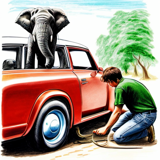 Draw an elephant pulls a red car with the rope, a girl sitting in the car holding the steering, a man sits on the elephant's back.