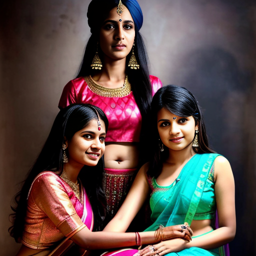 Create realistic photo of an Indian family photo comprising husband wife and their 13 year old daughter. Daughter is in cyan lehenga choli.