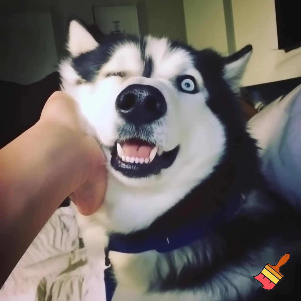 A husky dog smiling like a human with human teeth