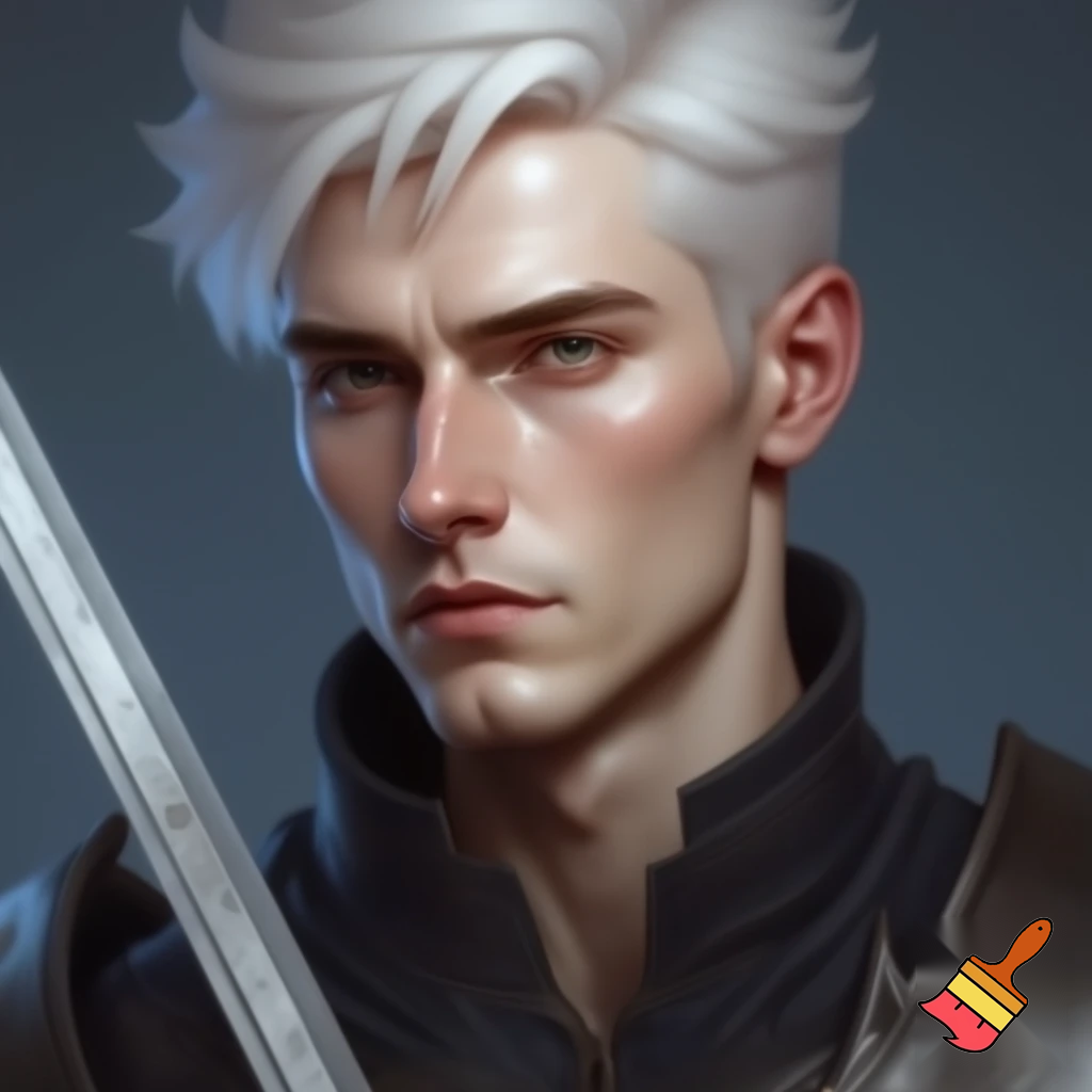  man with angelic short white hair and blueish gold eyes. he is also a knight