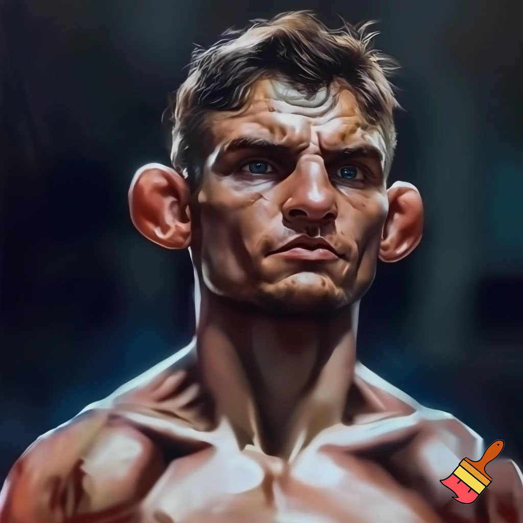 A mixed martial artist who has gone down two weight classes for a fight. His cheeks are sunken and his ribs are visible and his muscles stand out alarmingly. Nonetheless, he stands tall and steady. His eyes are watery blue, his hair is brown and his ears stick out. 