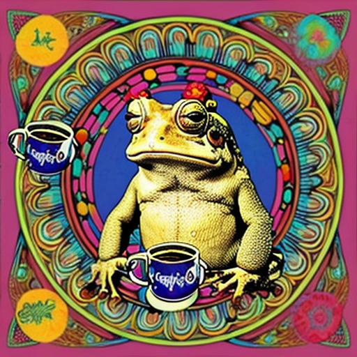 A hillarious, funny boho toad with some hippie colored coffee cups. Psychedelic decorated background.