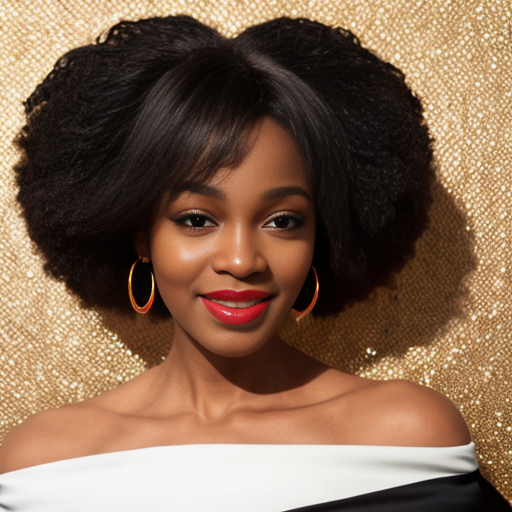 Generate an art-portrait of a young African American woman, resembling Whitney Houston, with a spiral afro hairstyle. She wears a copper-orange satin off-the-shoulder top, red lipstick, and sapphire earrings. The image has a background with gold fragments that look like gold leaf.