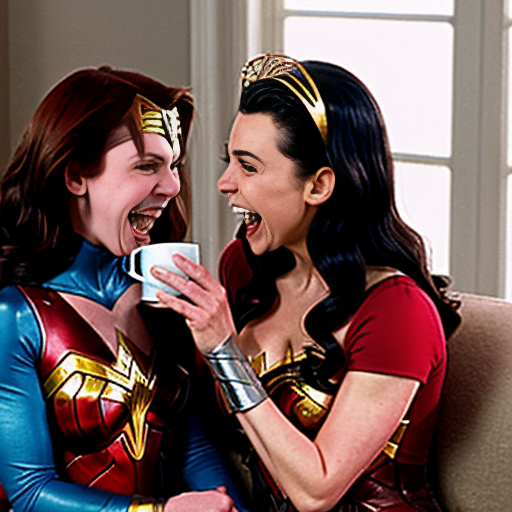 She-Ra from ”Princess of Power 1985” and Wonder Woman from ”Justice League 2001” cry laughing when they catch their 12 year old little sister Wendy from ”Peter Pan 1953” drinking coffee on the sofa in the living room and Wendy isn’t enjoying it.