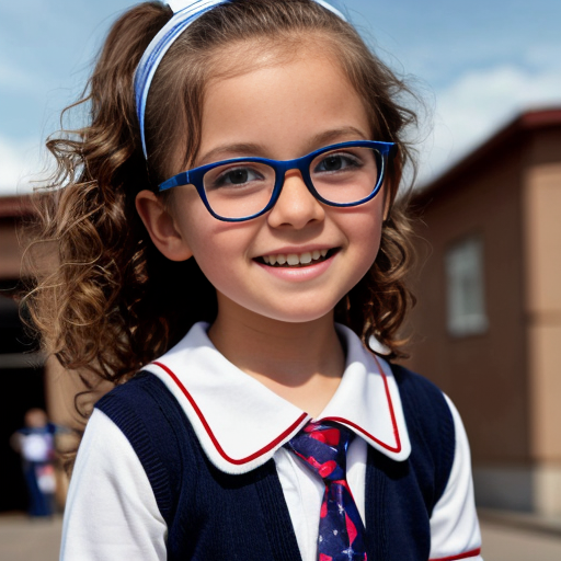 Cute adorable niña Chilindrina glasses con hair lazo curly Blonde con sailor uniforme escolar con zapatos negros escolar con calcetines blancos con Estados Unidos América bandera con desfile con ciudad 5