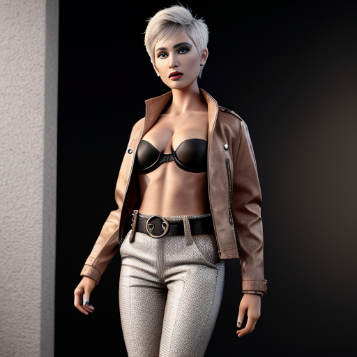 Attractive woman with an ash blonde pixie cut and slender build wearing bold makeup, a jacket, a bandeau, pants with a belt and chunky heels 