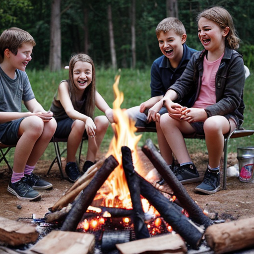 create a campfire with 7 10 year old girls and one boy, they are having fun, in a cute style
