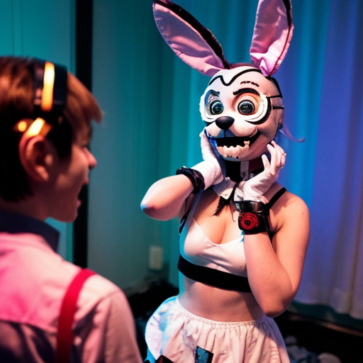 Show me what would happen if a boyfriend and girlfriend (Friday night funkin') were captured by female animatronics fnaf 2 , who then decided to make the boyfriend a girl (change his gender and appearance) and put the girl (boyfriend gender) in a cute, sexy bunny animatronic costume, and the wife girlfriend in a female animatronic cat costume. Both died in agony. How would the spirit of the girl (boyfriend gender) and his wife (girlfriend) react afterward?The boyfriend is gender (fnf) and looks like a bunny girl in spirit. How will his wife Girlfriend react to him becoming a girl female? Fnaf 2 , Blood , стиль как с анимаций Friday night funkin.