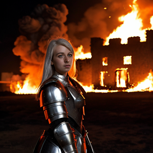 young, tall, white-haired woman in armor stands in front of a burning castle into which meteorites are falling.