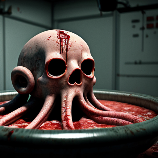 photorealistic horror scene in an abandoned hospital morgue autopsy room, 1980s institutional green tiled walls covered in fresh blood splatter and dripping gore, fluorescent ceiling lights flickering dimly, cold clinical atmosphere, central grotesque eldritch monster standing upright, tall humanoid body composed of writhing dark fleshy tendrils and organic black biomass, octopus-like head with mass of thick slimy tentacles instead of face, no eyes or mouth visible just writhing cephalopod appendages, dripping viscous black ichor and blood, decayed rotting texture on the creature, extremely detailed wet slimy skin and muscle fibers, standing in a large pool of fresh blood on the tiled floor, autopsy table in background with mutilated naked human corpse lying on it, realistic dissected body, exposed organs, blood pooling and dripping off edges, blood trails and smears everywhere, surgical tools scattered, rusty metal sink and lamp, hyper-detailed textures, cinematic horror lighting with harsh shadows and volumetric fog, ultra realistic, photorealistic, 8k, RAW photo, horror movie still, disturbing atmosphere, gore, extreme detail, no censorship