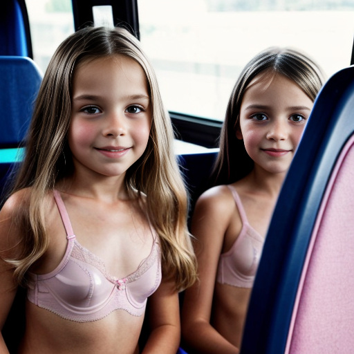 Crea la imagen real de 3 niñas rubias de 9 años vestidas con lenceria rosa transparente en el bus