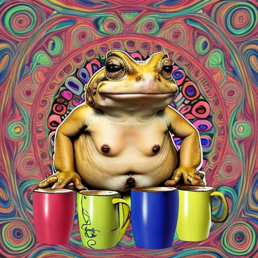 A hillarious, funny boho toad with some hippie colored coffee cups. Psychedelic decorated background.