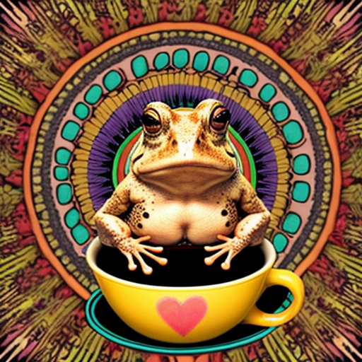 A hillarious, funny boho toad with some hippie colored coffee cups. Psychedelic decorated background.