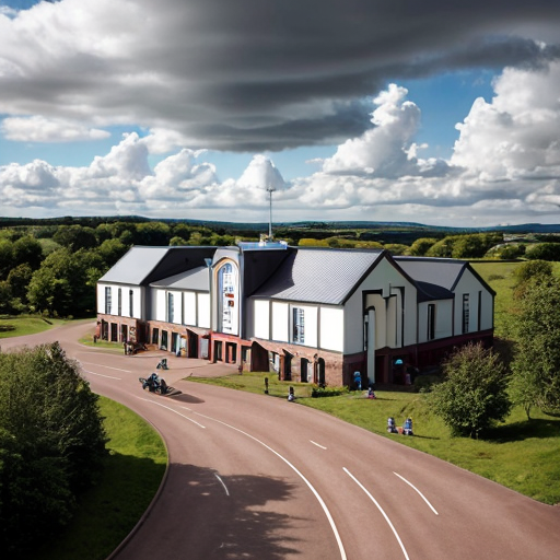 Aerial view of Asland Human peoples and children with sci-fi futuristic clothing at the Asland village with flag of Asland with white field and red-linned black saltire, beige sci-fi futuristic houses with red brick sci-fi futuristic roofs, grey sci-fi futuristic houses with red brick sci-fi futuristic roofs, beige sci-fi futuristic Catholic church with red brick sci-fi futuristic roof, road, gardens, corn fields, meadows taiga forest, hills and cloudy sky in May 2621.