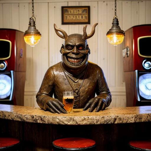 a grotesque, photorealistic dive bar frozen in time—peeling wallpaper stained with decades of smoke and spilled liquor, broken furniture piled like carcasses in the corners, a single flickering bulb casting jaundiced light. Front and center, a nightmare scarecrow slouches on a stool, its burlap face split by a stitched grin, cornstalk fingers wrapped around a bottle of Jack Daniels, tendrils of hay spilling from its rotting chest cavity where whiskey drips into exposed ribs. Beside it, three 1950s-era hazmat suits—faded yellow rubber, cracked visors fogged with condensation—lean drunkenly against the bar, gloved hands clutching martini glasses filled with neon-green sludge. A hunchbacked goblin with pustular skin and jagged teeth perches on a keg, chugging a foaming beer that spills down its chin onto a taxidermied rat hanging from its necklace. Towering over them all, a corroded bronze statue of Satan rises from the debris, one hoof resting on a toppled jukebox, its leering face tilted as if amused by the decay. The air is thick with the ghosts of a thousand bad decisions