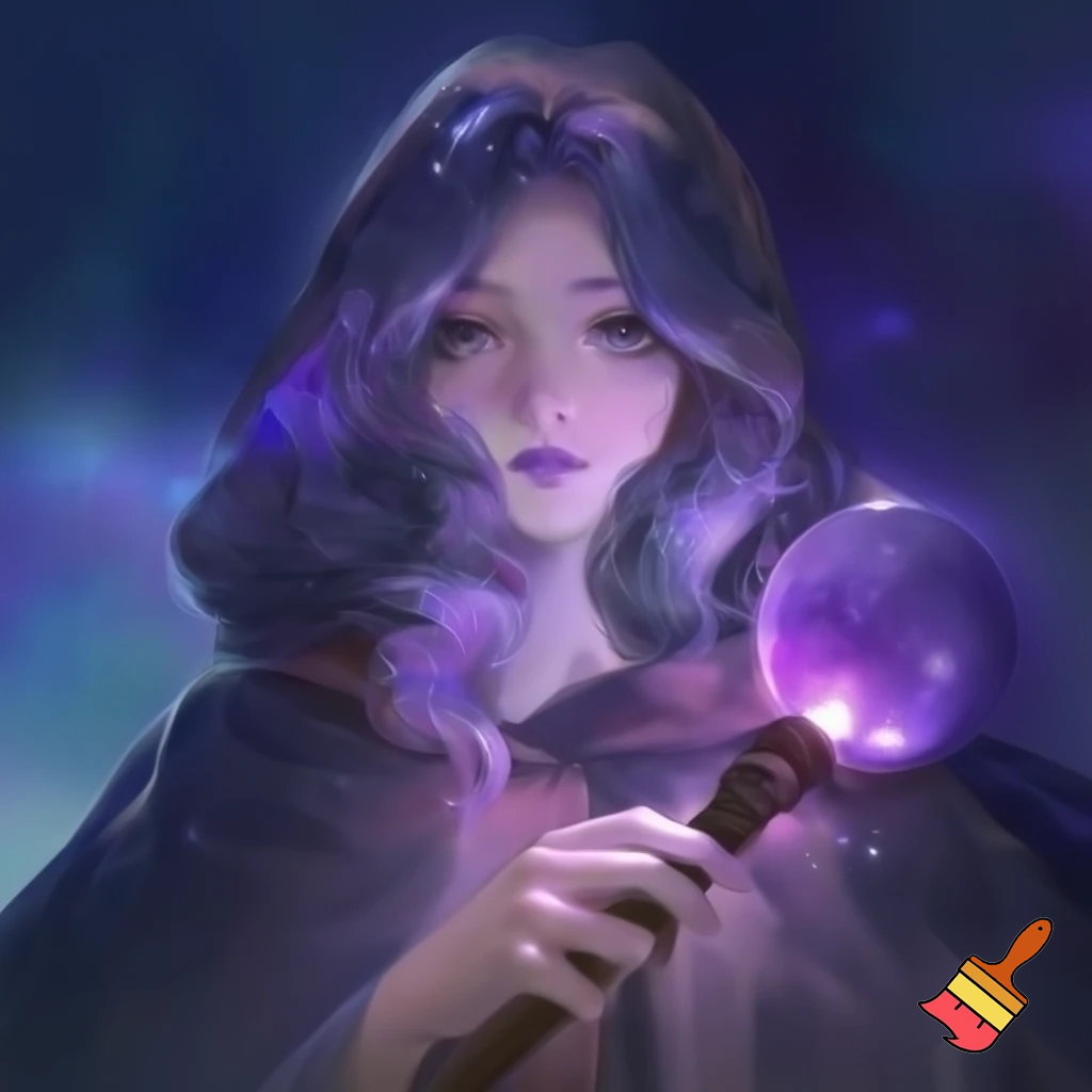 Anime style. Pale woman with medium length, wavy galaxy hair. Pale. Medium dark purple eyes. Wearing a wizard’s cloak. Holding a wooden staff with a dark purple orb at the top. 
