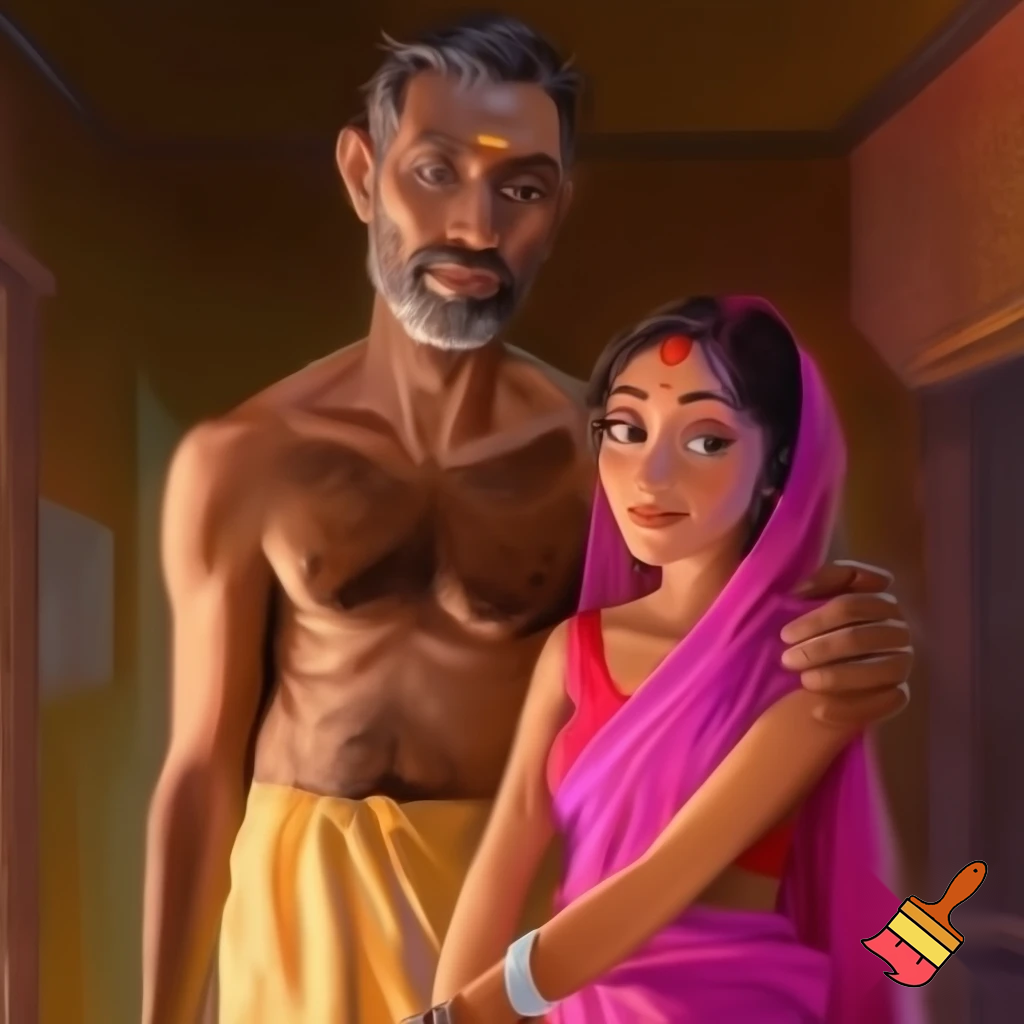 young, tall, brown-skinned, lean, broad shouldered, muscular husband with thin beard and moustache, and with adequate body hair on chest, shoulders, and legs, and sporting thin-line saffron vermilion mark on his forehead, and wearing pale yellow towel; young, fair-skinned, extremely beautiful, wife wearing pink saree with pink sleeveless blouse, wearing red dot vermilion mark on her forehead, and wearing necklace and bangles; husband standing behind wife. 