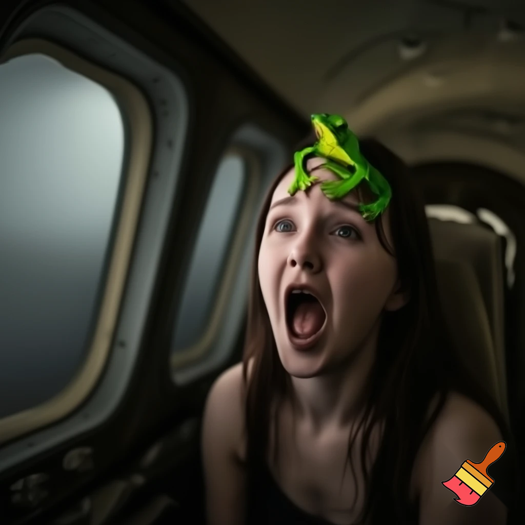 a inpoyle in  a plane is sacred of a frog on her head she scram