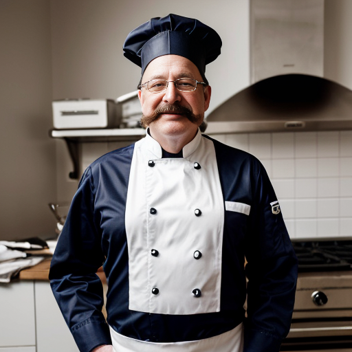 Na slici je portret muškarca u kuharskoj odori. Nosi visoku bijelu kuharsku kapu i bijelu uniformu, a oko vrata ima tamnu maramu. Ima gustu, sijedu bradu i brkove te blago nasmiješen, smiren izraz lica.

Slika je naslikana u impresionističkom stilu – potezi kista su vidljivi, a boje su mekane i svijetle, s prevladavajućim plavim i bijelim tonovima. Pozadina je jednostavna, svijetloplava, bez detalja, što dodatno ističe lik kuhara. Ukupan dojam je topao i živ, s naglaskom na karakter i izraz lica portretirane osobe.