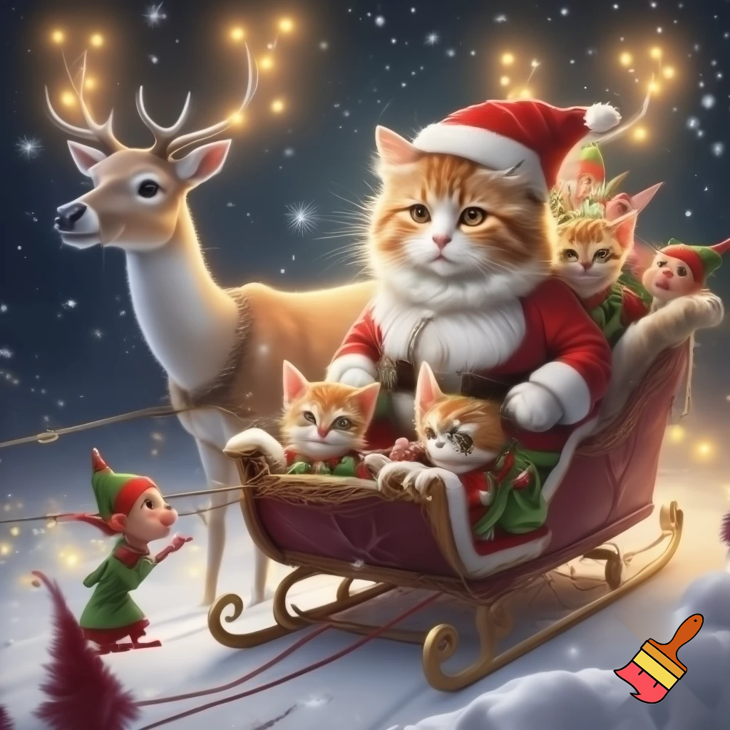 A cat in a Santa Claus costume, elf kittens in the background, reindeer in a sleigh