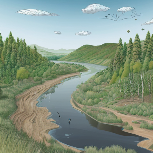 pour un élève de seconde en TP de SVT, propose une illustration d'un paysage fluviatile il y a 250 millions d'année avec une forêt à Voltzia, sans éléments modernes ni humains. J'attends que l'image soit réaliste et scientifiquement cohérente