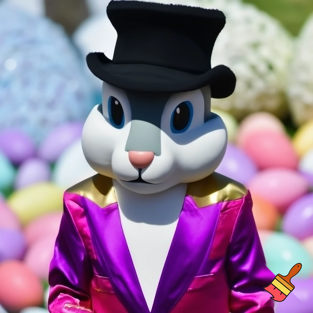 Easter bunny mascot costume top hat a colour face jacket purple and pink pink, purple and pink and gold purple and pink and gold