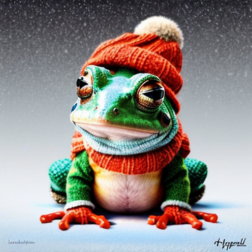 A laughable, puzzled animal toad in woolen, multicoloured winter clothings with woolen winter cap. Hyperrealistic art style.
