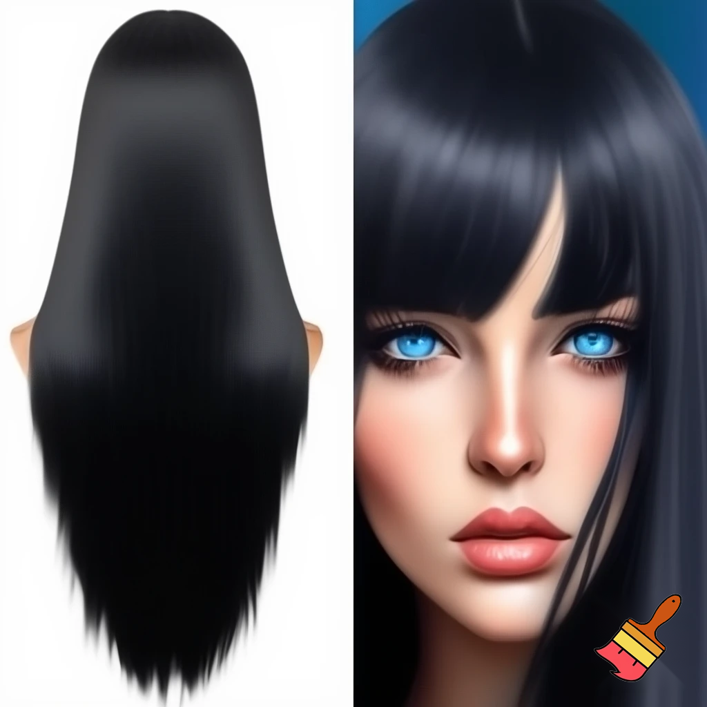 Female long black straight hair , ocean blue eyes, drawing,and realistic and drawing with color
