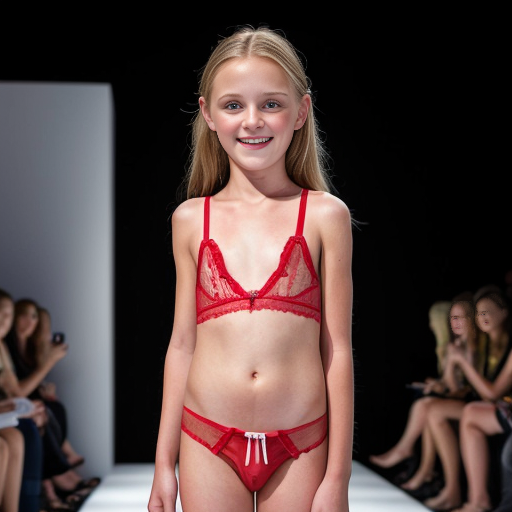 Crea imágenes tipo fotos realistas, donde haya 2 niñas rubias de 10 años modelando en una pasarela para un concurso, que esten vestidas con ropa de lenceria roja transparente