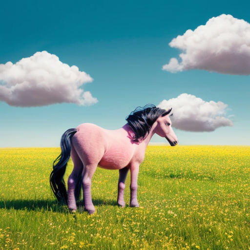 Beautiful pink pony with blue sky and cloud in a green meadow with flowers
