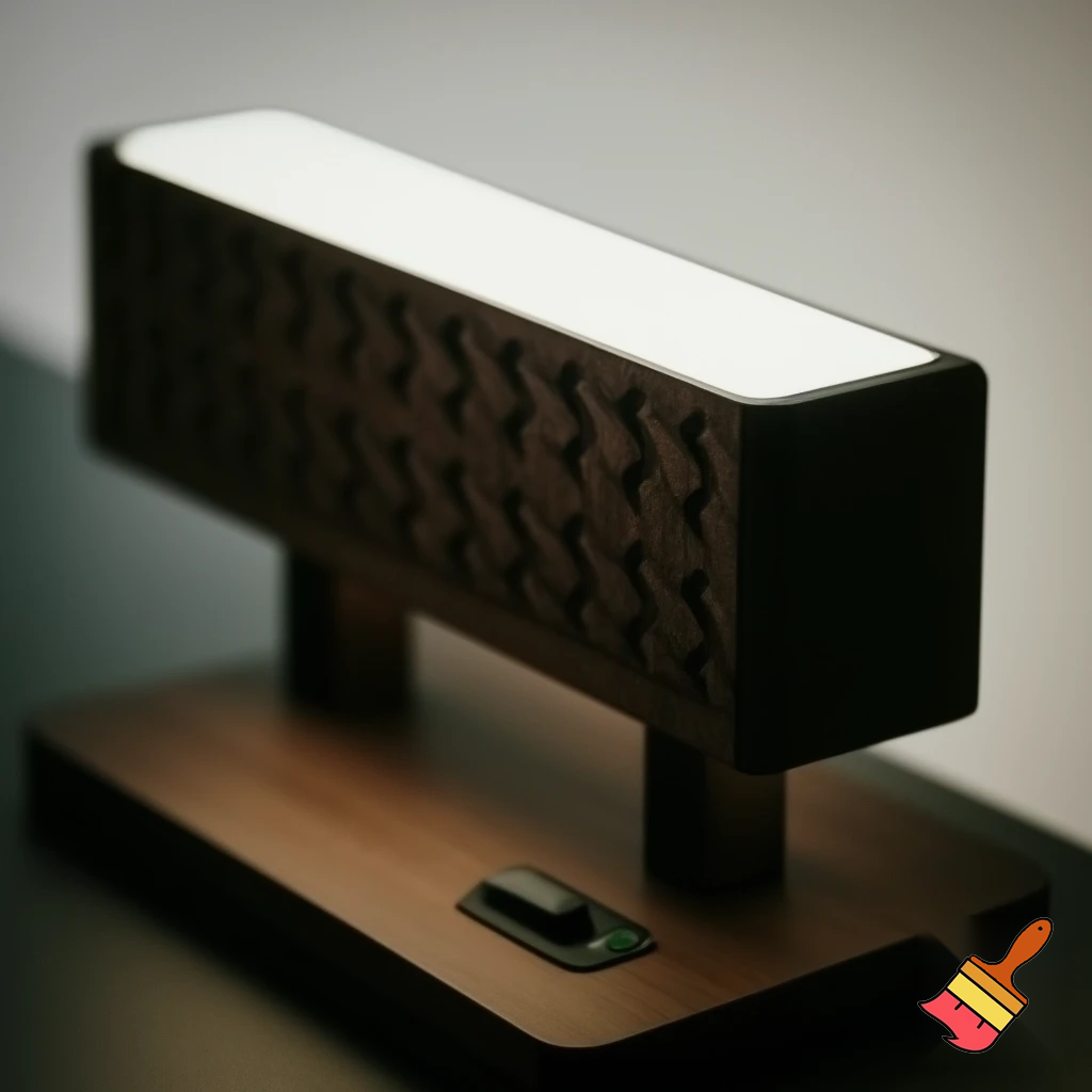 can you generate a light that is a long wooden cuboid and has indentations in it going diamond line diamond line and at the bottom is a base that has a charging socket, a colourchanging button and a on