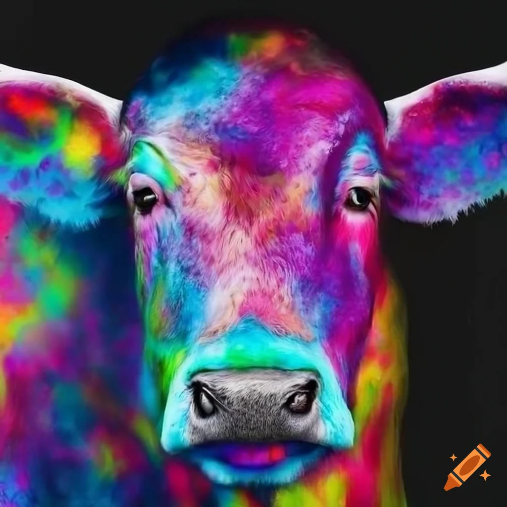 A cosmic cow portrait styled with pop colors and surreal details
