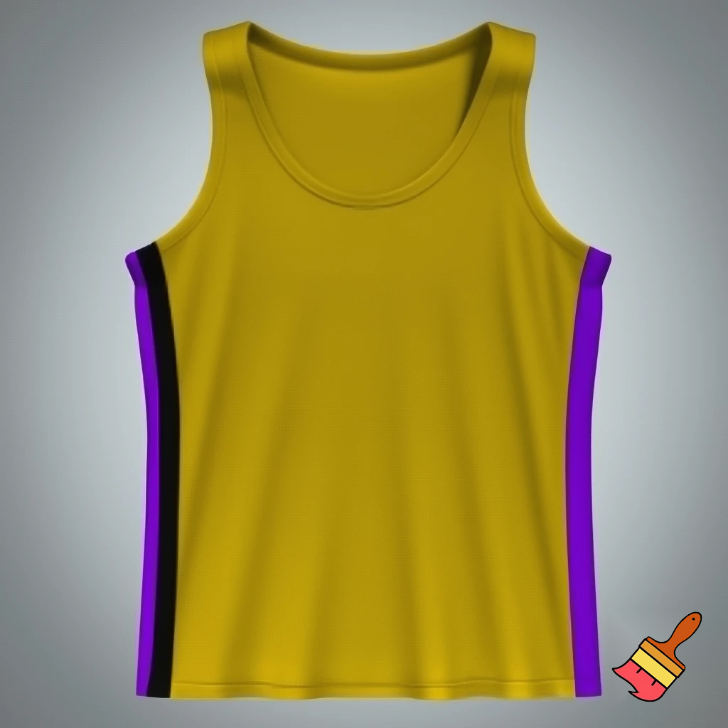 a full view yellow singlet with a black stripe around the edge than a purple one before it 