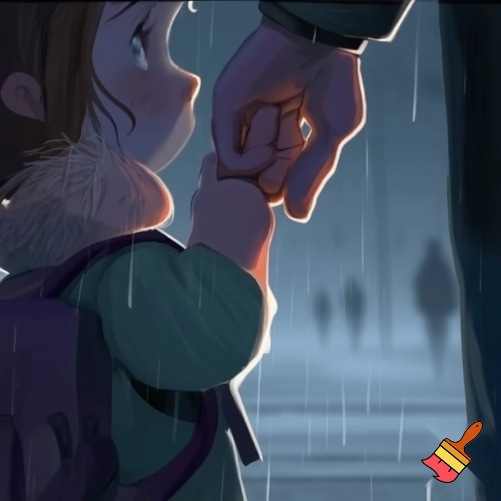 Un copil de mânuța cu mama, cum merge la școală fără chef, pe ploaie și pe vânt.