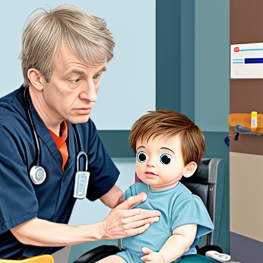 cartoon baby boy not smiling being checked on by the doctor

