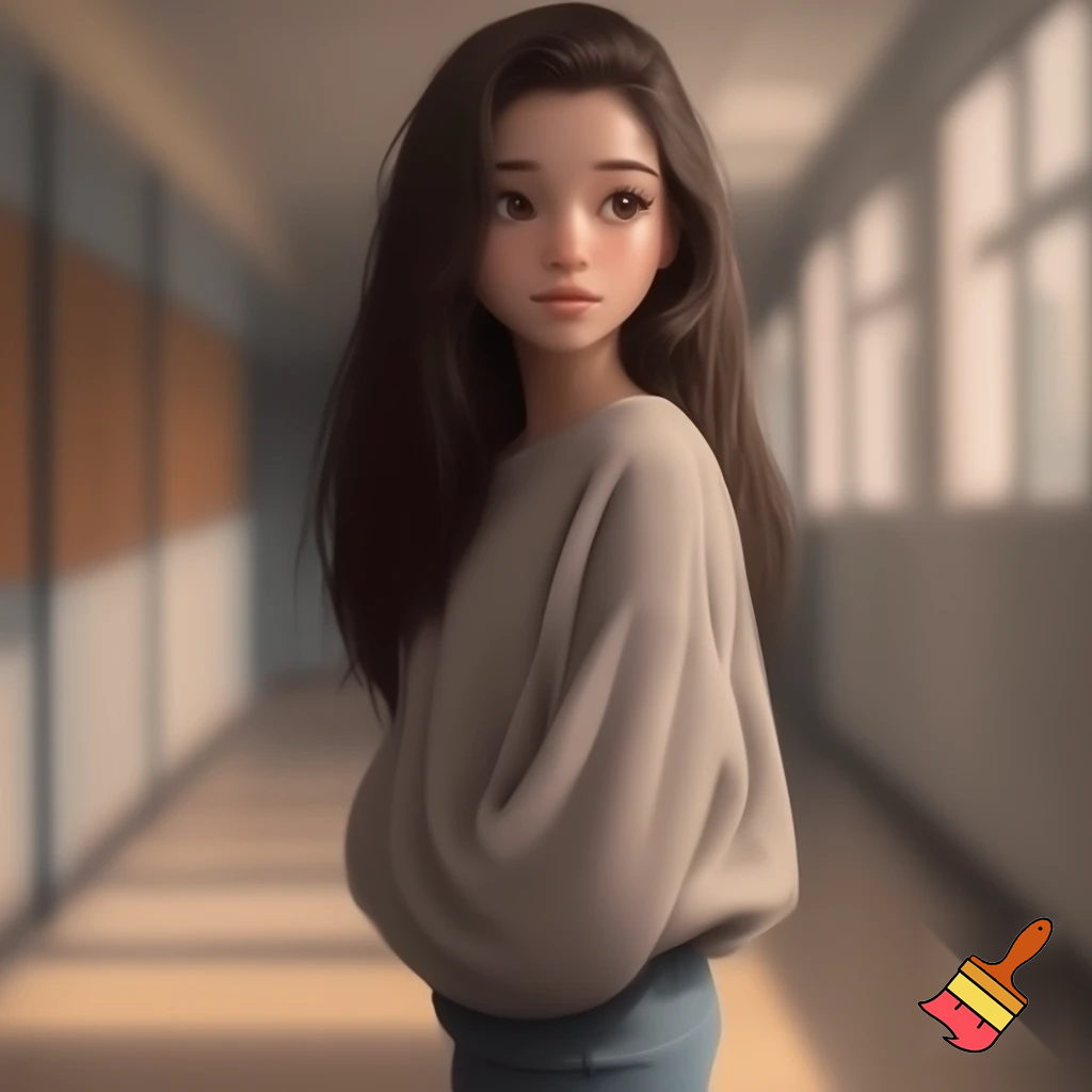 A teenage girl with medium height, long straight dark brown hair, big brown observant eyes, light skin, wearing an oversized sweater and jeans. Calm expression, analytical vibe, soft lighting, school hallway background.”
