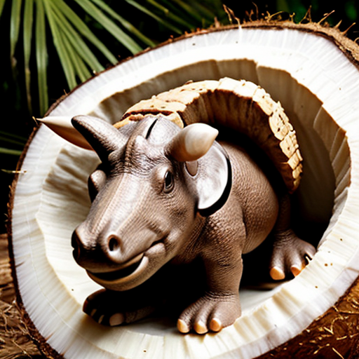 Draw a cute baby triceratops in the wild with a coconut nut shell on his nose 