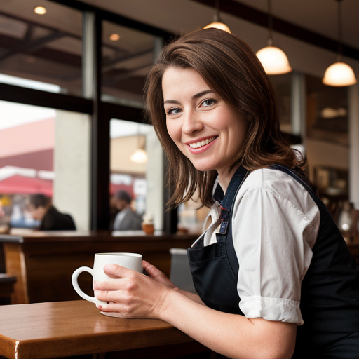 A small roadside diner. A beautiful waitress leans over to pour coffee into a customer's cup at a table. The waitress smiles. Photorealistic. 9x16