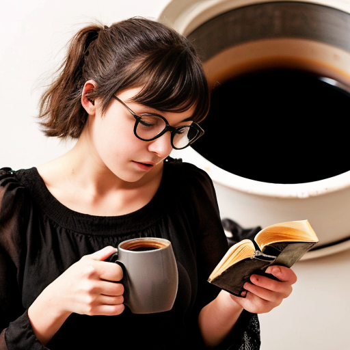 Wygeneruj dziewczynę czytającą książkę albo mangę. Dziewczyna ma brązowe, kręcone włosy do ramion i czarne okulary i bluzę (czarną albo szarą). Pije herbatę albo kawę. Może mieć luk. W tle jest magia. Obok niej siedzi fretka 