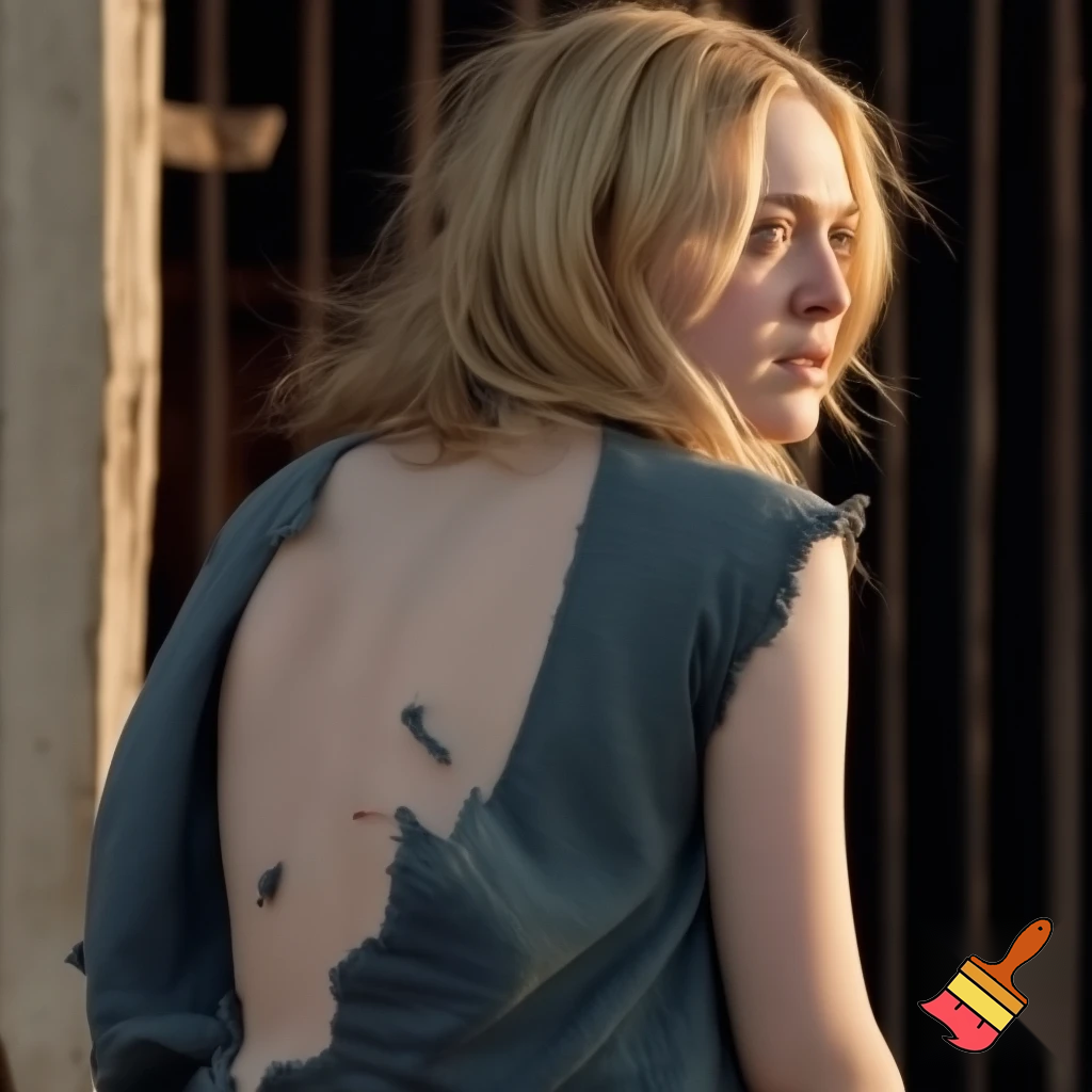 Dakota Fanning, various poses, torn clothes, wild west street scene, close up shot, breast exposed, walking away looking over her shoulder 