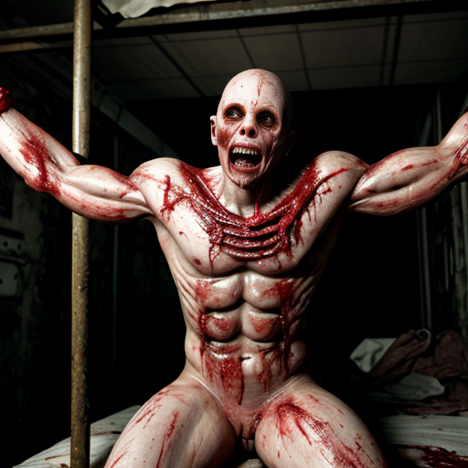 Photorealistic horror scene, a grotesque humanoid creature sitting upright on a dirty hospital bed in an abandoned industrial medical room, extremely detailed, cinematic lighting.

The creature has pale yellowish waxy skin, a muscular female torso with visible breasts, ripped open chest cavity exposing bloody red guts, intestines and sausages spilling out. Multiple thick fleshy pale-yellow tentacles and bloated tubes emerging from its back and shoulders, wrapping around its body. Its face is a monstrous screaming expression with huge bulging black eyes, wide open mouth showing tongue and teeth, distorted horror features.

Blood splatters everywhere on the white sheets, on its body and hands. It wears a black wristwatch on its left wrist. Lower body has more thick tentacles emerging from the groin area. Background shows rusty pipes, valves, old medical machinery and dim industrial lighting.

Highly detailed skin texture, realistic blood and gore, wet shiny surfaces, visceral body horror, photorealistic, 8k, ultra realistic, cinematic, grim atmosphere, horror movie still --style raw