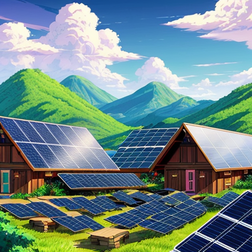 rain forest with a village and solar panels 
