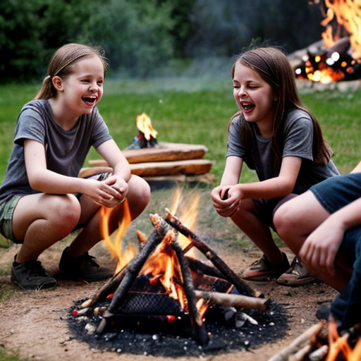 create a campfire with 7 10 year old girls and one boy, they are having fun, in a cute style
