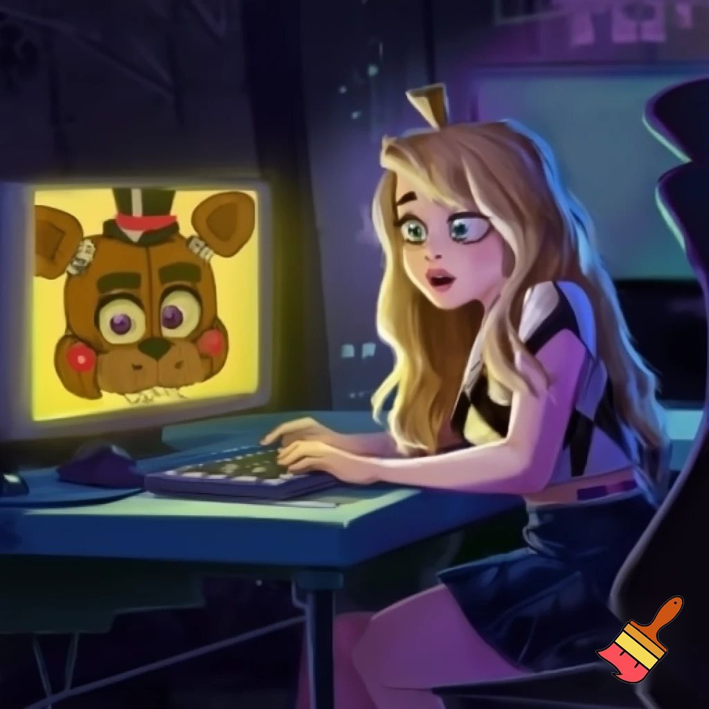 Sabrina carpenter playing five nights at Freddy's. She is at her desktop playing the game