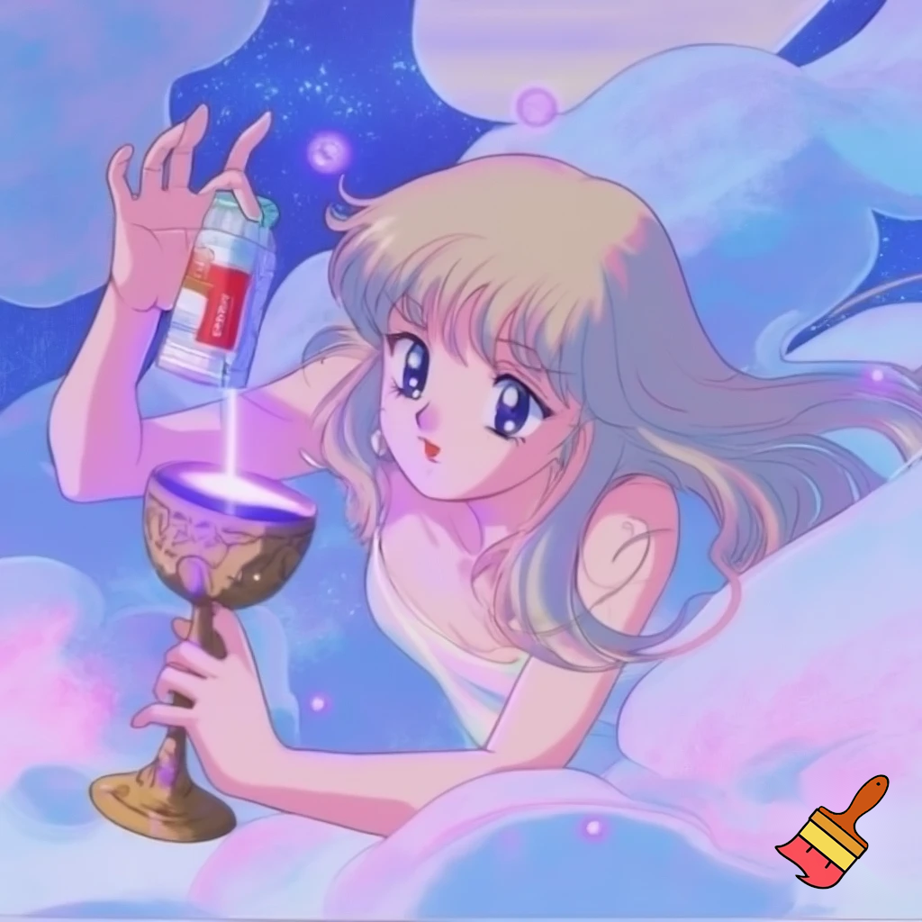 Anime girl pouring lean  out of codiene bottle in ethereal setting in 90s anime art style 